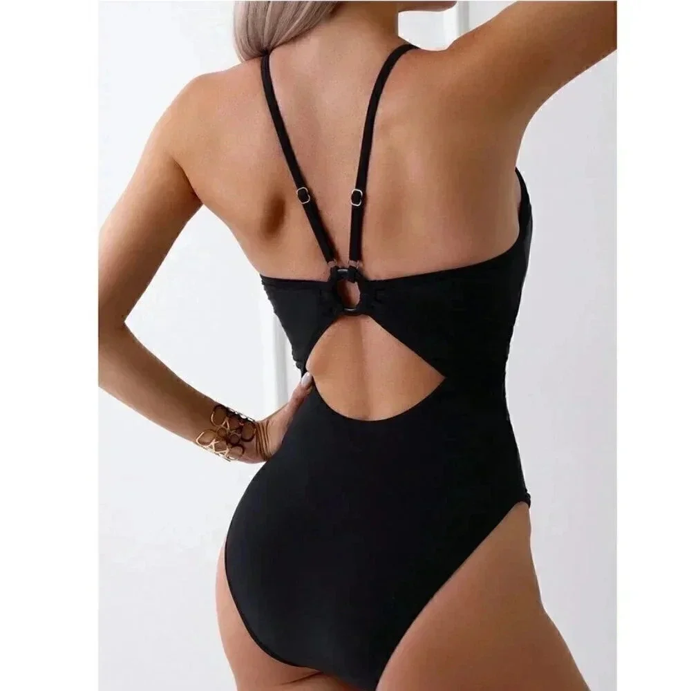Classic Cut Out Ring Linked One Piece Swimsuit black
